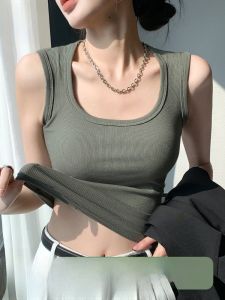 MiiOW | Áo ba lỗ vai rộng màu xanh quân đội dành cho nữ mùa hè 2025 Áo ba lỗ cổ vuông thêu che mông ngoài trời Áo ba lỗ màu trơn