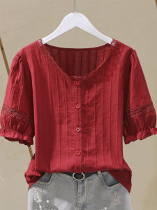 Lace Trim Cotton Blouse Puff Sleeve Shirt