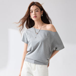 miiow | Cat Lady White Asymmetrical Shoulder Short Sleeve T-Shirt Womens Summer One-Shoulder Loose Lazy Relaxing Feel Top Cotton Blend