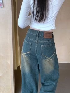 American Retro High Waist Jeans: New Women's Slim Fit Plus Size Large Casual Vintage Long Straight Leg Pants