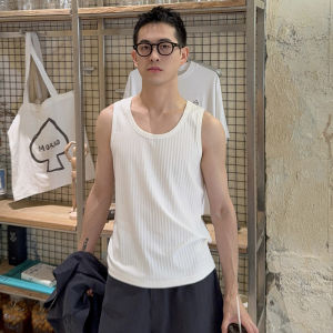 เสื้อกั๊กสีขาวลายทางสำหรับผู้ชาย ทรงหลวม ระบายอากาศได้ดี ทรงลำลอง ฤดูร้อน 2025 เสื้อกั๊กสีพื้น ทรงปกติ คอตั้ง