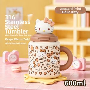 Leopard Pattern HelloKitty Aesthetic Portable Straw Thermos Cup
