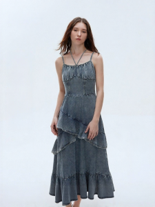 ONLY | Distressed Washed Denim Halterneck Slim Long Dress