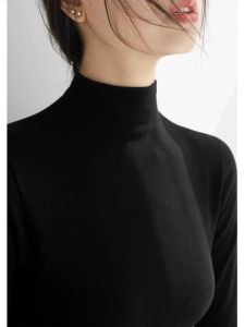 Black Knitted Top Womens Half High Collar Sweater Inner Wear Spring Autumn 2025 New Style Slim Fit Long Sleeve Solid Color