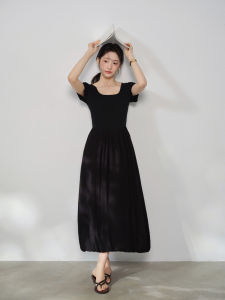 French Vintage Black Square Neck Short Sleeve Summer Slim Fit Trumpet Long Dress