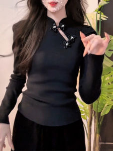 Black Slim Fit Womens Base Shirt Beautiful inside Winter New Style Chinese Style Commute Long Sleeve Top for All Body Types