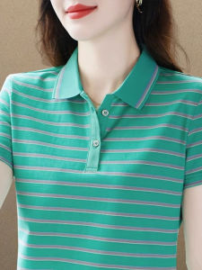 QIAOXIZI | Summer Cotton Polo Shirt for Women with Stripes and Turn-down Collar