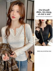 MiiOW | Áo sơ mi dài tay ôm vừa vặn cổ chữ V màu trắng dành cho nữ MiiOW thiết kế thường ngày mùa thu năm 2024 chất liệu polyester và viscose