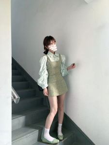 Elegant Fancy Tweed Classic Style Strappy Sleeveless Tank Top Dress Female Lantern Sleeve Shirt Top Suit