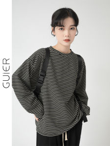 Guier Womens Loose Fit round Neck Striped Sweatshirt Early Autumn 2025 Lazy Style Base Layer Shirt Cotton Polyester Blend Long Sleeve