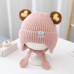 Cute Knitted Baby Hat Winter Ear Protection Cotton Warmth Autumn Winter Style Infant Knitwear Casual round Top No Brim Cap