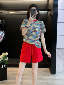 Fashion Stripes Short Sleeve Shorts Suit Female Summer New Floral Design Blouse Loose Slim Looking Casual Two-Piece Suit