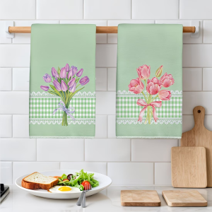 2-Pack Spring Lace-Edged Floral Print Themed Simple Cleaning Cloths for Home Use Scouring Pads Dish Towels Tea Towels and Placemats for Washing and Drying Household Items Soft and Absorbent Drying Cloths Lint-Free Non-Fading and Reusable.