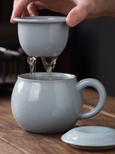 แก้วดื่มชาเซรามิค Tianqing Luoyao พร้อมฝาปิด แก้วดื่มน้ำสำนักงาน แก้วแยกน้ำชา แก้วทรงกลม ชุดเครื่องดื่มชา