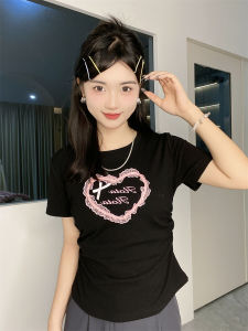 Unique Lace Heart Short Sleeve Womens T-shirt Korean Style Butterfly Knot Shoulder Sweet Girl Short Top Combed Cotton Blend