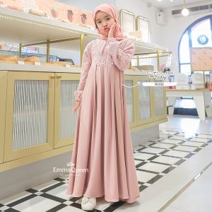 EmmaQueen - Dress Trisy Kids Gamis Anak Perempuan Simple Cantik Premium Shakila Kombin Brukat XS/XXL Resleting Depan Wudhu Friendly