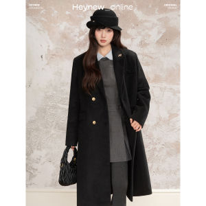 Loveheynew Woolen Coat Black Medium Length Thickened Womens Outerwear Korean Style Commute Pure Color College Jacket