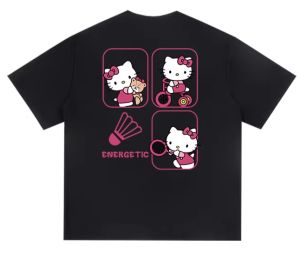 Sanrio | Discount Sale 2026 Hello Kitty Play Badminton Printed Women Men Casual Loose Cute Sporty Style Short-sleeve T-shirt Clothing Top