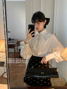 เสื้อเชิ้ตแขนพองสีขาวสำหรับผู้หญิง เสื้อเชิ้ตแขนยาวทรงหลวมสไตล์เกาหลี สไตล์ฝรั่งเศสฤดูใบไม้ผลิ ฤดูใบไม้ร่วง ฤดูหนาว