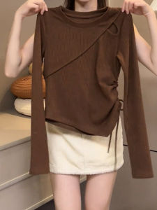 Autumn New Fashion Womens Slim Fit Long Sleeve T-Shirt Coffee Color Retro High Street Elastic Texture Top Commute Style UV Protection