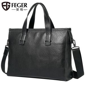 Feger | Mens Genuine Leather Handbag Business Briefcase Large Capacity Commuter Bag Lawyer Shoulder Crossbody Bag Casual Simple Style
