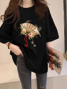 plus Size Loose Fit Cotton Short Sleeve T-Shirt Women Summer Belly Covering Top Korean Style Casual Comfortable Printed Tee