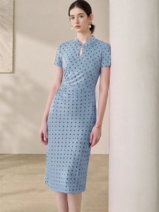 Roey s house | New Chinese Style Blue Polka Dots Summer Elegant Stand Collar Modified Cheongsam Waist-cinching Dress