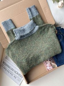 QINGNAER | Muted Soft Style Loose Gray-green Patchwork High-neck Pullover Sweater
