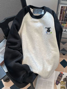 American Retro Shoulder Insertion round Neck Sweatshirt Mens Outerwear Autumn Winter Loose Trendy Brand Fleece Lined Thickened Splicing Top