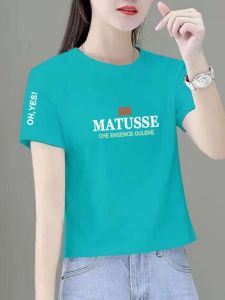 เสื้อยืดคอกลมแขนสั้นทรงหลวมสไตล์เกาหลีสำหรับฤดูร้อน 2024 ผ้าฝ้ายแท้พิมพ์ลายแฟชั่นสำหรับผู้หญิงไซส์เล็ก