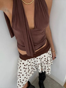 Deep Brown V-Neck Hanging Neck Top Womens Slim Fit Short Length Cotton Polyester Blend Tank Top Multiple Wearings Summer 2025