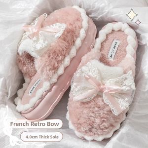 Womens Winter Indoor Home Thick Bottom Anti-slip Warm Plush Slippers Butterfly Knot Cotton Slippers Comfortable Home Shoes