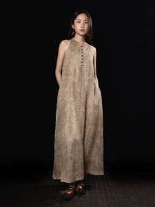 CANWU Artistic Cool New Chinese Style Loose Color Block Linen Dress with Shoulder Draping Texture Print Stand Collar Gown