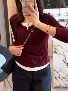 Pure Cotton Mock Two-Piece Long Sleeve round Neck T-Shirt Womens Slim Fit Base Shirt Korean Style Commute Creative Pattern