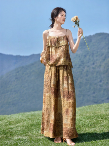 MOHANYIMEI | Silk-like Boho Art Wear Tank Top Wide Leg Pants Set Slimming