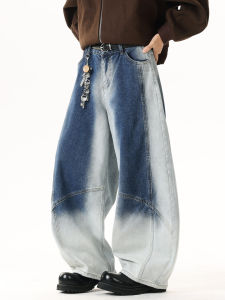 กางเกงยีนส์ทรงหลวมสไตล์อเมริกันย้อนยุคสำหรับผู้ชาย กางเกงขายาวทรงหลวมสบายๆ ฤดูใบไม้ร่วง/ฤดูหนาว พร้อมจี้ ทรงหลวม กางเกงยีนส์ทรงหลวม