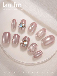 LANTINGFANG | Handmade Sakura Rhinestone Nail Tips Short Pink