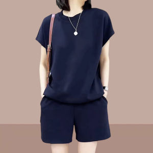Womens Cotton Leisure Sports Suit Set Summer New Fashion Loose Short Sleeve T-Shirt Shorts Two-Piece Set round Neck Sleeve Length