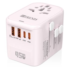 HITRENDS 45W GaN International Travel Adapter 2USB and 2 Type C GaN Fast Charging Port Chargers with EU AU USA UK Travel Plug