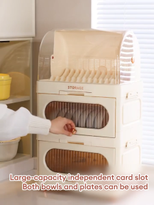 AUMU 2/3Layers Kitchen Plastic Dish Drainer Drying Rack With Cover Dish Cabinet Foldable Plates Storage Cabinet