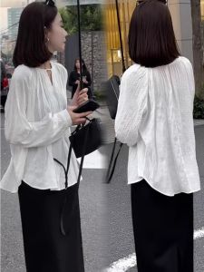 Elegant French Style White Shirt for Women Loose Fit Long Sleeves with Asymmetrical Ruched Design Pure Color Pullover