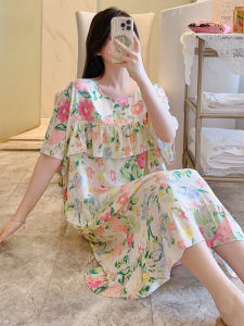 New 2025 Womens Cotton Silk Sleep Dress Loose Home Clothes Anti-Protrusion Summer Midi Dress Short Sleeve round Neck Sleepwear