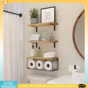Wooden Bathroom Multi Layer Shelf with Basket Adjustable Wall Mounted Kitchen Organizer Storage Rack