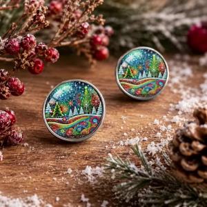 Colorful Snowy Forest Round Stud Earrings Stainless Steel Glass Vintage Bohemian Jewelry For Women Men Christmas Gift