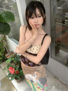 Rose Vacation Strap Vest Adjustable Backless Top with Floral Pattern by Pang You Original Design Short Length for Women