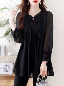 plus Size Black Shirt Women Autumn Winter Loose Long Mom Chiffon Blouse Belly Cover Slimming Style Commute Simple Design Long Sleeve
