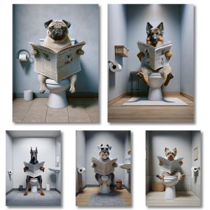 ห้องน้ําสุนัขอ่านหนังสือพิมพ์โปสเตอร์ตลก Rottweiler Doberman Poodle ภาพวาดผ้าใบห้องน้ํา Wall Art ภาพตกแต่งบ้าน