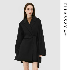 Elegant Double-Faced Milled Coat in Black Woolen Fleece Herpin Style Jacket for Women Comfortable Fit with Suit Collar