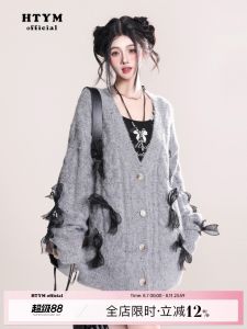 HTYM Windsor Walk Open คาร์ดิเกน เสื้อสเวตเตอร์ถัก ผู้หญิง หลวม แจ๊กเก็ต เสื้อท่อนบน ปมผีเสื้อ เสื้อสเวตเตอร์แคชเมียร์ ฤดูใบไม้ร่วง ฤดูหนาว