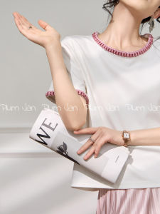 White round Neck Short Sleeve T-Shirt French Style Small Fragrance Wind Design Sense Top Commute Style Polyester Fiber